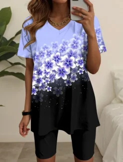 Sale Women's 2 Pieces Fashion T Shirt Shorts Sets Short Sleeve V Neck Floral Graphic Print Casual Daily Pink Blue Green Summer Regular Fit Women Two Piece Sets