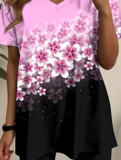 Sale Women's 2 Pieces Fashion T Shirt Shorts Sets Short Sleeve V Neck Floral Graphic Print Casual Daily Pink Blue Green Summer Regular Fit Women Two Piece Sets