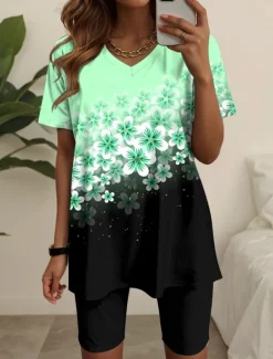 Sale Women's 2 Pieces Fashion T Shirt Shorts Sets Short Sleeve V Neck Floral Graphic Print Casual Daily Pink Blue Green Summer Regular Fit Women Two Piece Sets