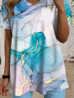Women's 2 Pieces Fashion T Shirt Shorts Sets Short Sleeve V Neck Graphic Geometric Print Daily Casual Daily Blue Green Summer Regular Fit Women Two Piece Sets