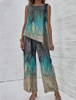 Sale Women's 2 Pieces Fashion Tank Top Pants Sets Wide Leg Pants Trousers Sleeveless Round Neck Graphic Print Casual Daily Blue Purple Green Summer Regular Fit Women Two Piece Sets