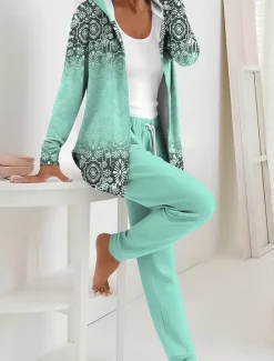 Clearance Women's 2 Pieces Hoodie Tracksuits Pants Sets Long Sleeve Active Daily Hooded Floral Graphic Gradient Drawstring Print Outdoor Casual Blue Orange Green Spring Regular Fit Women Two Piece Sets