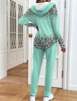 Clearance Women's 2 Pieces Hoodie Tracksuits Pants Sets Long Sleeve Active Daily Hooded Floral Graphic Gradient Drawstring Print Outdoor Casual Blue Orange Green Spring Regular Fit Women Two Piece Sets