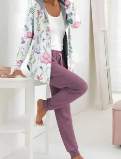 Outlet Women's 2 Pieces Hoodie Tracksuits Active Daily Pants Sets Pants Trousers Long Sleeve Hooded Floral Drawstring Print Outdoor Casual White Pink Dark Navy Fall & Winter Regular Fit Women Two Piece Sets