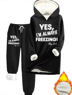 Online Women's 2 Pieces Loungewear Set Hoodie Tracksuits and Joggers Casual Cold Weather Phrase Print with Fleece Lining Cozy Fit Winter Women Hoodies & Sweatshirts|Two Piece Sets