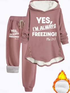 Women's 2 Pieces Loungewear Set Hoodie and Joggers Casual Cold Weather Phrase Print with Fleece Lining Cozy Fit Winter Women Two Piece Sets