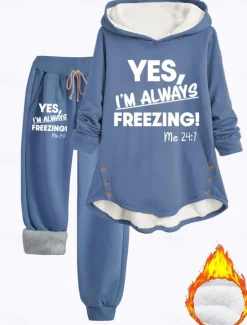 Women's 2 Pieces Loungewear Set Hoodie and Joggers Casual Cold Weather Phrase Print with Fleece Lining Cozy Fit Winter Women Two Piece Sets