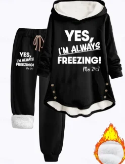 Women's 2 Pieces Loungewear Set Hoodie and Joggers Casual Cold Weather Phrase Print with Fleece Lining Cozy Fit Winter Women Two Piece Sets