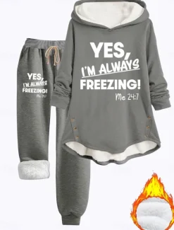 Women's 2 Pieces Loungewear Set Hoodie and Joggers Casual Cold Weather Phrase Print with Fleece Lining Cozy Fit Winter Women Two Piece Sets