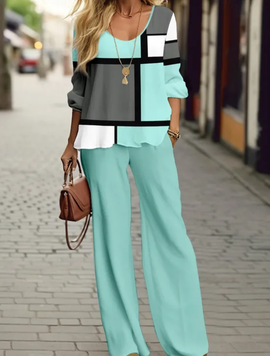 Discount Women's 2 Pieces Sports Daily T Shirt Pants Sets Wide Leg Pants Trousers Long Sleeve V Neck Color Block Print Outdoor Casual Pink Blue Green Spring & Fall Regular Fit Women Two Piece Sets