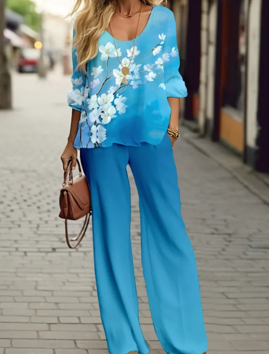 Best Women's 2 Pieces Sports Daily T Shirt Pants Sets Pants Trousers Long Sleeve V Neck Floral Print Outdoor Casual Pink Blue Orange Spring & Fall Regular Fit Women Two Piece Sets