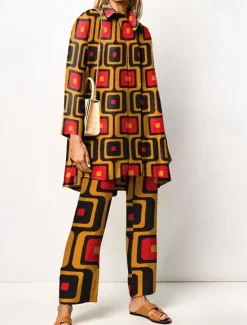 Discount Women's 2 Pieces Streetwear Daily Neon & Bright Shirt Pants Sets Wide Leg Pants Trousers Long Sleeve Shirt Collar Geometric Print Work Daily Pink Red Blue Fall & Winter Regular Fit Women Two Piece Sets
