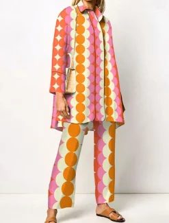 Discount Women's 2 Pieces Streetwear Daily Neon & Bright Shirt Pants Sets Wide Leg Pants Trousers Long Sleeve Shirt Collar Geometric Print Work Daily Pink Red Blue Fall & Winter Regular Fit Women Two Piece Sets