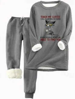Online Women's 2 Pieces Sweatshirt Tracksuits Warm Daily Tracksuit Pants Sets Joggers Pants Trousers Long Sleeve Round Neck Cat Letter Drawstring Print Casual Daily Pink Light Grey Gray Women Hoodies & Sweatshirts|Two Piece Sets