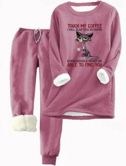 Online Women's 2 Pieces Sweatshirt Tracksuits Warm Daily Tracksuit Pants Sets Joggers Pants Trousers Long Sleeve Round Neck Cat Letter Drawstring Print Casual Daily Pink Light Grey Gray Women Hoodies & Sweatshirts|Two Piece Sets