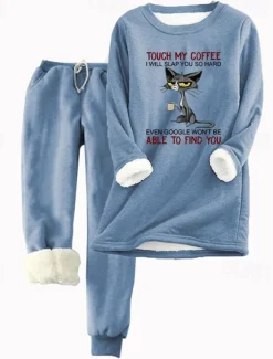 Online Women's 2 Pieces Sweatshirt Tracksuits Warm Daily Tracksuit Pants Sets Joggers Pants Trousers Long Sleeve Round Neck Cat Letter Drawstring Print Casual Daily Pink Light Grey Gray Women Hoodies & Sweatshirts|Two Piece Sets