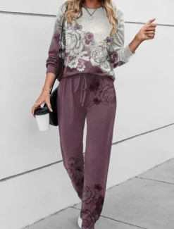 Online Women's 2 Pieces Sweatshirt Tracksuits Active Daily Tracksuit Pants Sets Joggers Pants Trousers Long Sleeve Round Neck Floral Drawstring Print Outdoor Casual Black Pink Blue Women Two Piece Sets