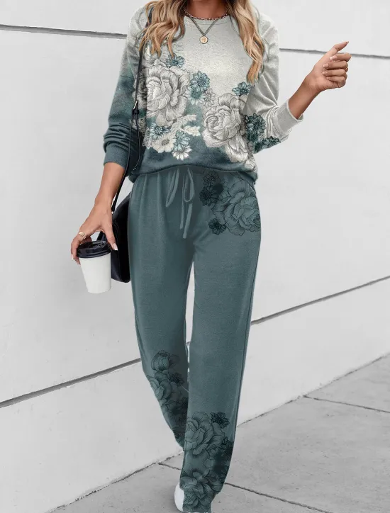 Online Women's 2 Pieces Sweatshirt Tracksuits Active Daily Tracksuit Pants Sets Joggers Pants Trousers Long Sleeve Round Neck Floral Drawstring Print Outdoor Casual Black Pink Blue Women Two Piece Sets