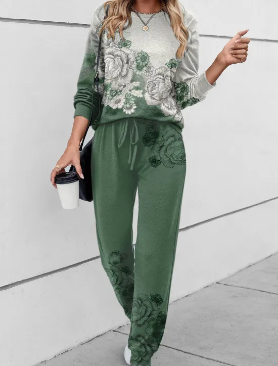 Online Women's 2 Pieces Sweatshirt Tracksuits Active Daily Tracksuit Pants Sets Joggers Pants Trousers Long Sleeve Round Neck Floral Drawstring Print Outdoor Casual Black Pink Blue Women Two Piece Sets
