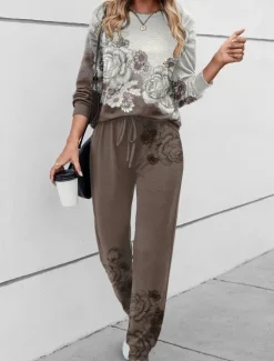 Online Women's 2 Pieces Sweatshirt Tracksuits Active Daily Tracksuit Pants Sets Joggers Pants Trousers Long Sleeve Round Neck Floral Drawstring Print Outdoor Casual Black Pink Blue Women Two Piece Sets