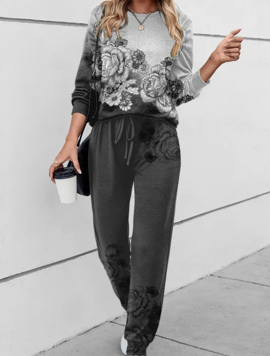 Online Women's 2 Pieces Sweatshirt Tracksuits Active Daily Tracksuit Pants Sets Joggers Pants Trousers Long Sleeve Round Neck Floral Drawstring Print Outdoor Casual Black Pink Blue Women Two Piece Sets