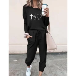 Outlet Women's 2 Pieces Sweatshirt Tracksuits Streetwear Basic T Shirt Tracksuit Pants Sets Short Sleeve Crew Neck Heart Drawstring Print Vacation Casual Daily Black Pink Gray Fall & Winter Regular Fit Women Two Piece Sets