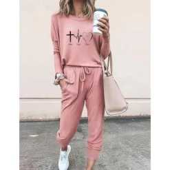 Outlet Women's 2 Pieces Sweatshirt Tracksuits Streetwear Basic T Shirt Tracksuit Pants Sets Short Sleeve Crew Neck Heart Drawstring Print Vacation Casual Daily Black Pink Gray Fall & Winter Regular Fit Women Two Piece Sets
