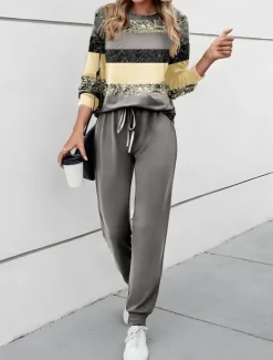 Clearance Women's 2 Pieces Sweatshirt Tracksuits Active Daily Tracksuit Pants Sets Joggers Pants Trousers Long Sleeve Round Neck Color Block Drawstring Print Outdoor Casual Yellow Pink Blue Women Two Piece Sets