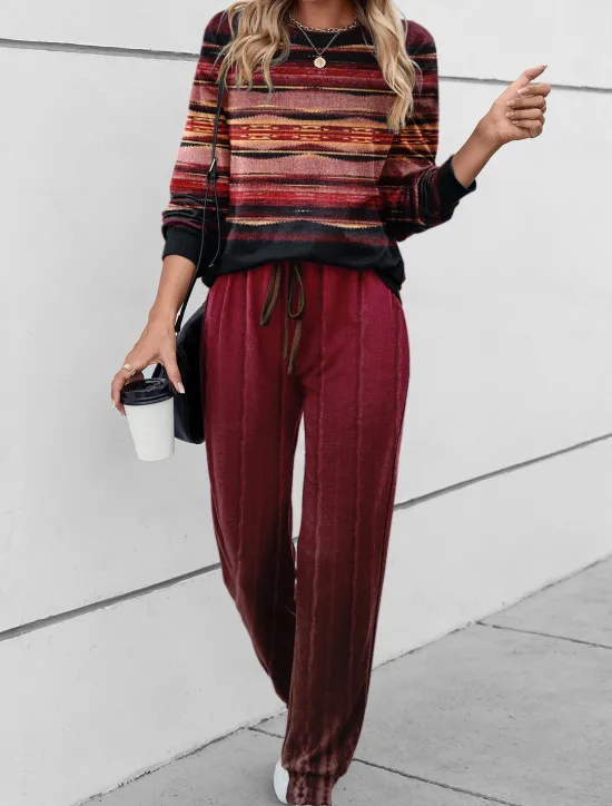 Outlet Women's 2 Pieces Sweatshirt Tracksuits Sports Daily Tracksuit Pants Sets Joggers Pants Trousers Long Sleeve Round Neck Striped Drawstring Print Outdoor Casual Red Blue Green Women Two Piece Sets