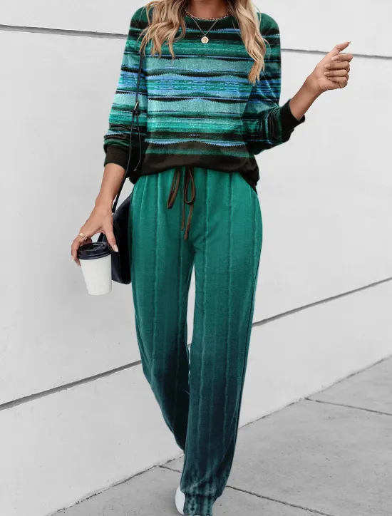 Outlet Women's 2 Pieces Sweatshirt Tracksuits Sports Daily Tracksuit Pants Sets Joggers Pants Trousers Long Sleeve Round Neck Striped Drawstring Print Outdoor Casual Red Blue Green Women Two Piece Sets
