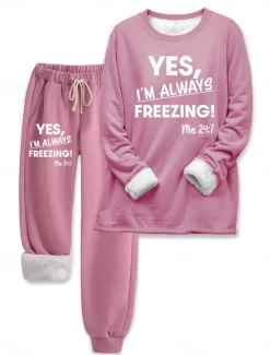 Best Women's 2 Pieces Sweatshirt Tracksuits Loungewear Set Pyjamas Fleece Fluffy Long Sleeve Top and Pant Text Print Comfort Casual Home Wear Drawstring Solid Cozy Winter Women Hoodies & Sweatshirts|Two Piece Sets