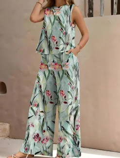 Online Women's 2 Pieces Vacation Daily Pants Sets Sleeveless Round Neck Floral Graphic Geometric Casual Daily Yellow Blue Green Summer Loose Fit Women Two Piece Sets
