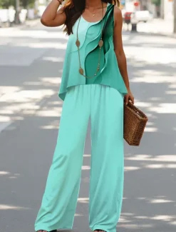 Discount Women's 2 Pieces Vacation Daily Pants Sets Sleeveless U Neck Ombre Graphic Casual Daily Pink Blue Green Summer Loose Fit Women Two Piece Sets