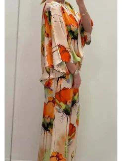 Best Women's 2 Pieces Vacation Streetwear Daily Pants Sets 3/4 Length Sleeve Crew Neck Floral Print Casual Daily Black Blue Orange Summer Regular Fit Women Two Piece Sets