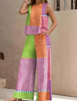 New Women's 2 Pieces Vintage Daily Stylish Two Piece Sets Sleeveless Round Neck Graphic Geometric Striped Formal Office Work Pink Blue Brown Summer Regular Fit Women Two Piece Sets