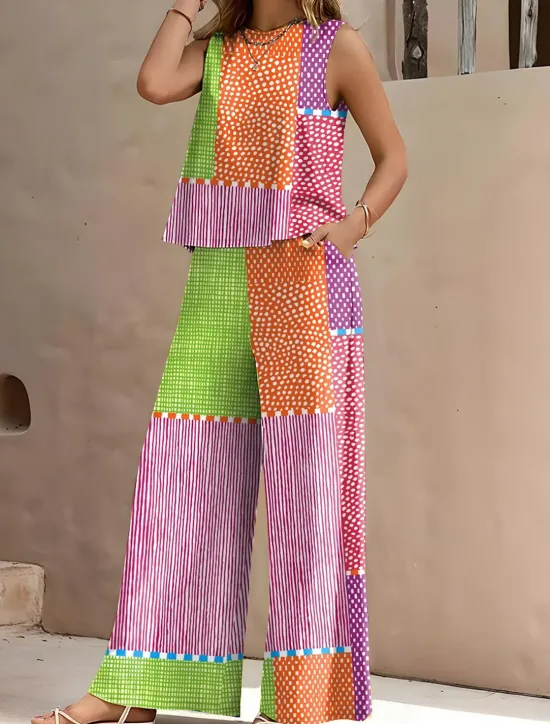 New Women's 2 Pieces Vintage Daily Stylish Two Piece Sets Sleeveless Round Neck Graphic Geometric Striped Formal Office Work Pink Blue Brown Summer Regular Fit Women Two Piece Sets