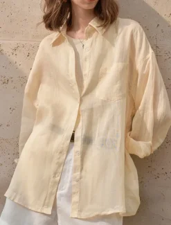 Women's 100% Ramie Shirt Solid Color Elegant Vintage Daily Long Sleeve Shirt Collar Regular Tops Work Daily Holiday Big white Apricot Summer Spring Fall Women Shirts