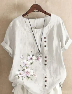 Outlet Women's 100% Shirt Blouse Floral Linen Vintage Basic Holiday Short Sleeve Crew Neck Regular Tops Daily Buttons Print White Yellow Pink Lavender Green Summer Spring Women Shirts