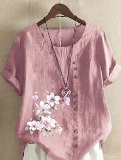 Outlet Women's 100% Shirt Blouse Floral Linen Vintage Basic Holiday Short Sleeve Crew Neck Regular Tops Daily Buttons Print White Yellow Pink Lavender Green Summer Spring Women Shirts