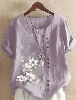 Outlet Women's 100% Shirt Blouse Floral Linen Vintage Basic Holiday Short Sleeve Crew Neck Regular Tops Daily Buttons Print White Yellow Pink Lavender Green Summer Spring Women Shirts