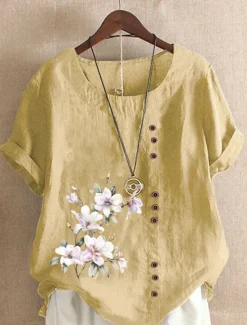 Outlet Women's 100% Shirt Blouse Floral Linen Vintage Basic Holiday Short Sleeve Crew Neck Regular Tops Daily Buttons Print White Yellow Pink Lavender Green Summer Spring Women Shirts