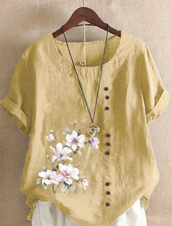 Outlet Women's 100% Shirt Blouse Floral Linen Vintage Basic Holiday Short Sleeve Crew Neck Regular Tops Daily Buttons Print White Yellow Pink Lavender Green Summer Spring Women Shirts