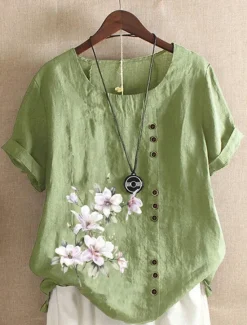 Outlet Women's 100% Shirt Blouse Floral Linen Vintage Basic Holiday Short Sleeve Crew Neck Regular Tops Daily Buttons Print White Yellow Pink Lavender Green Summer Spring Women Shirts