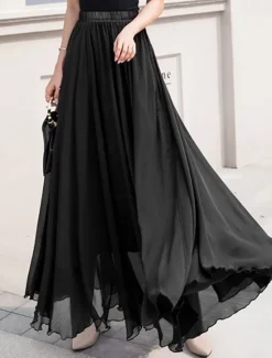 Discount Women's Skirt Swing Work Skirts Long Skirt Maxi Skirts Chiffon Solid Colored Office / Career Daily Spring & Summer Chiffon Elegant Long S Women Skirts
