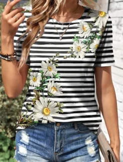 Clearance Women's T-Shirt Daisy Floral Stripe Print Round Neck Short Sleeve Casual Summer Top Regular Fit Fashion Tee White Yellow Women Spring Tops