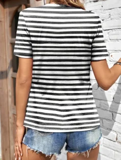 Clearance Women's T-Shirt Daisy Floral Stripe Print Round Neck Short Sleeve Casual Summer Top Regular Fit Fashion Tee White Yellow Women Spring Tops