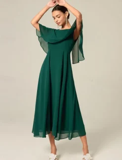 New Women's Wedding Guest Cocktail Dress Chiffon Ruffle Elegant Formal Midi A Line Dress Crew Neck Short Sleeve Flared Sleeve Color Women Cocktail Dress|Chiffon Dresses