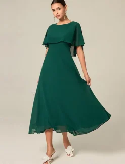 New Women's Wedding Guest Cocktail Dress Chiffon Ruffle Elegant Formal Midi A Line Dress Crew Neck Short Sleeve Flared Sleeve Color Women Cocktail Dress|Chiffon Dresses
