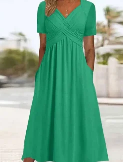 Women's A Line Dress Maxi Dress Pocket Basic Casual V Neck Short Sleeve Black Red Blue Color Women Casual Dress