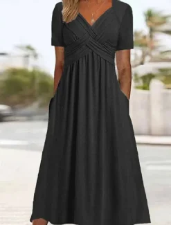 Women's A Line Dress Maxi Dress Pocket Basic Casual V Neck Short Sleeve Black Red Blue Color Women Casual Dress
